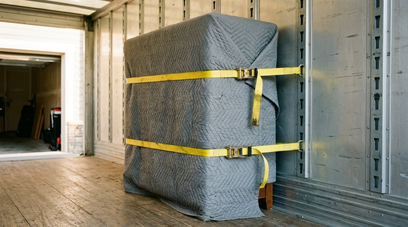 Furniture wrapped in moving blankets and secured with yellow ratchet straps against the wall of a moving truck