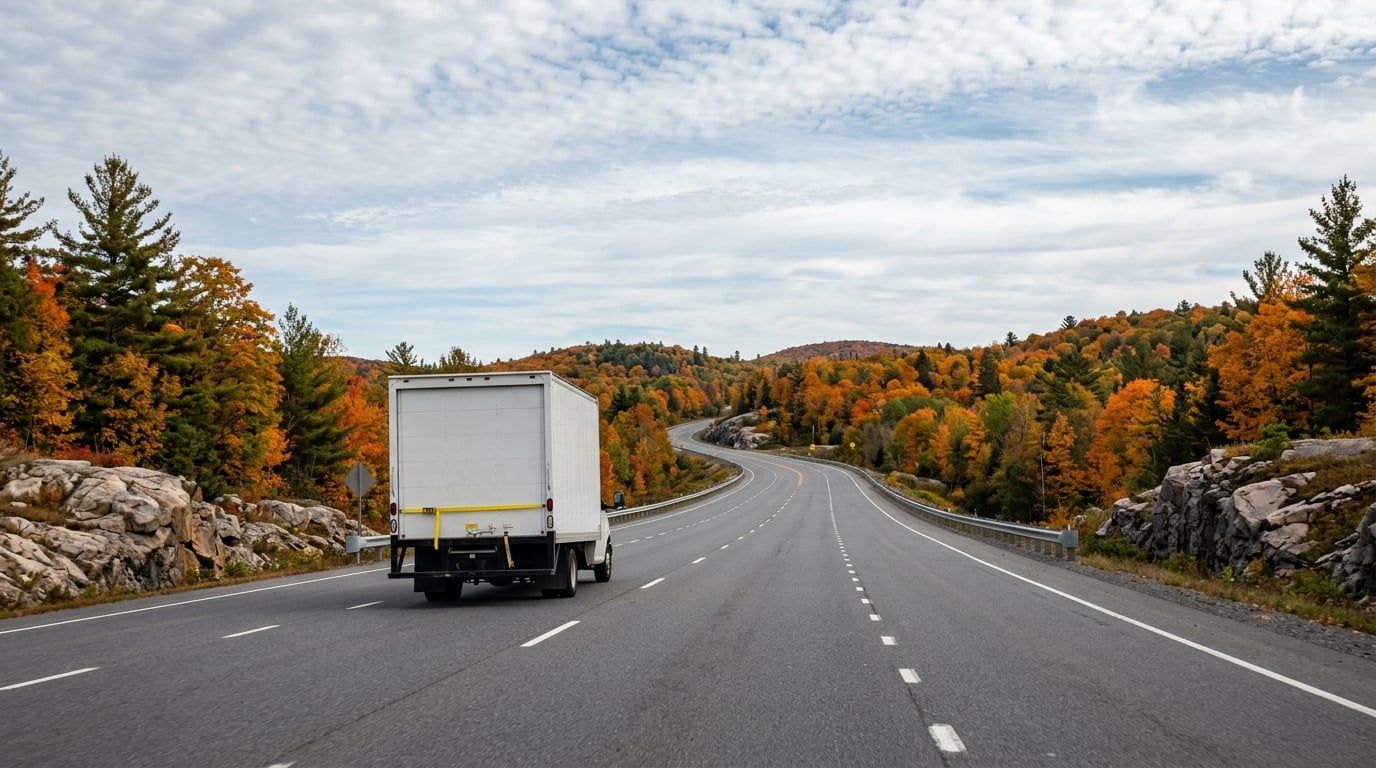 A moving truck on a two-lane Eastern Ontario highway through granite outcrops and autumn woods