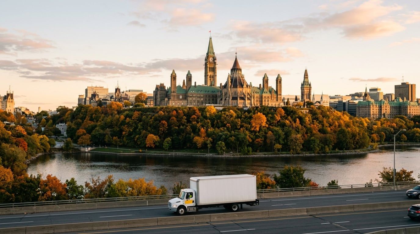 Parliament Hill above the Ottawa River in autumn, with a moving truck on the road along the shore