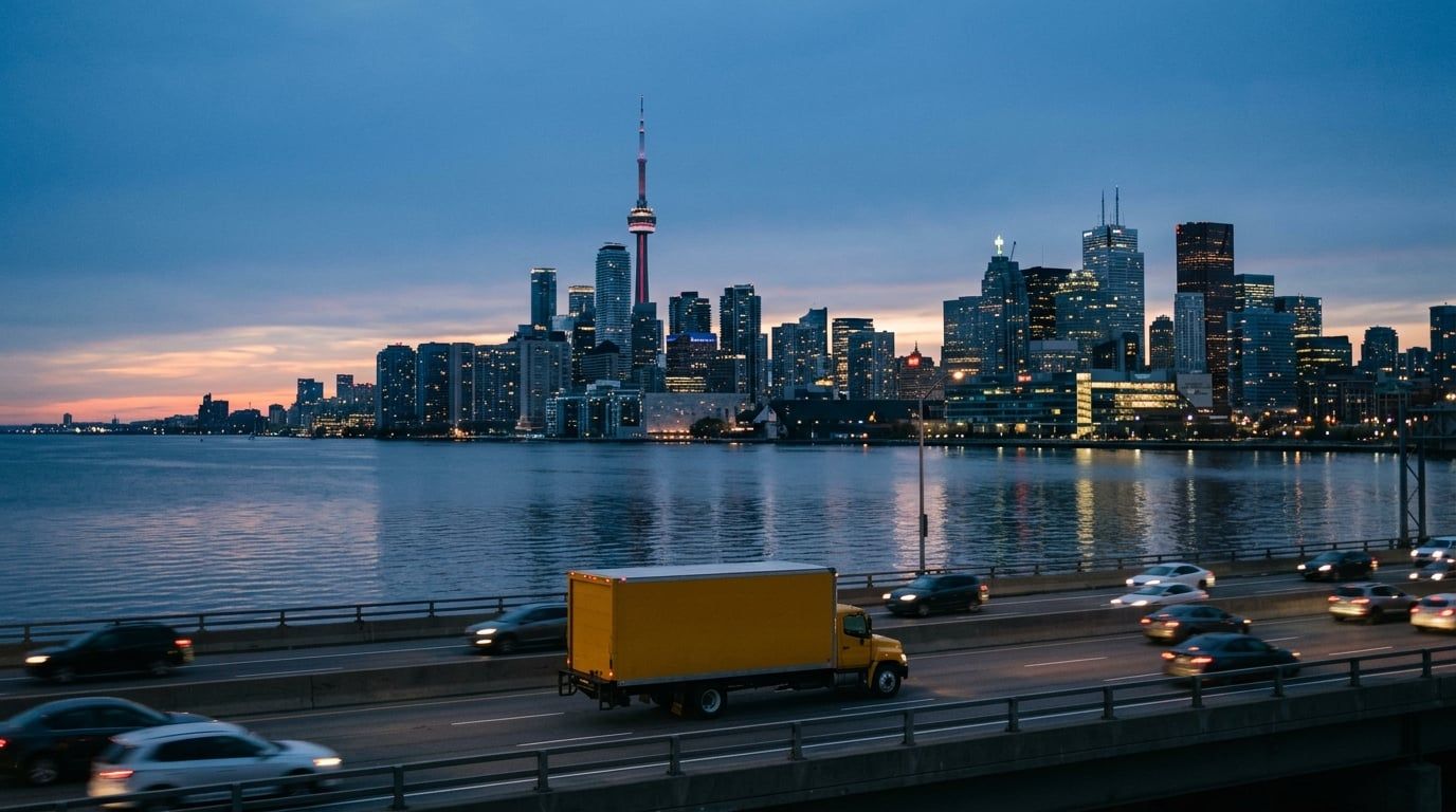 The Toronto skyline and CN Tower at dusk across the lake, with a moving truck on the highway below