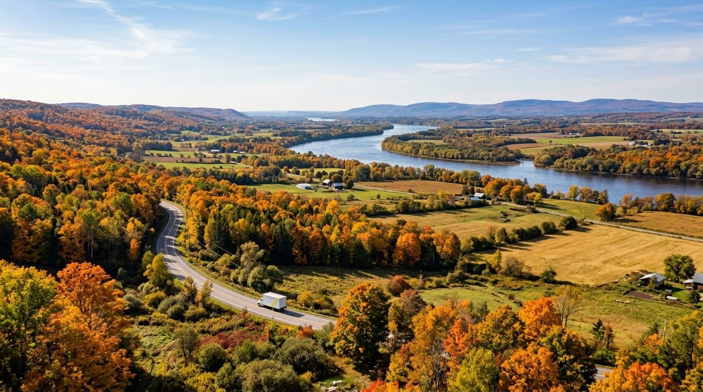 The Ottawa River winding through farmland and autumn woods, seen from above