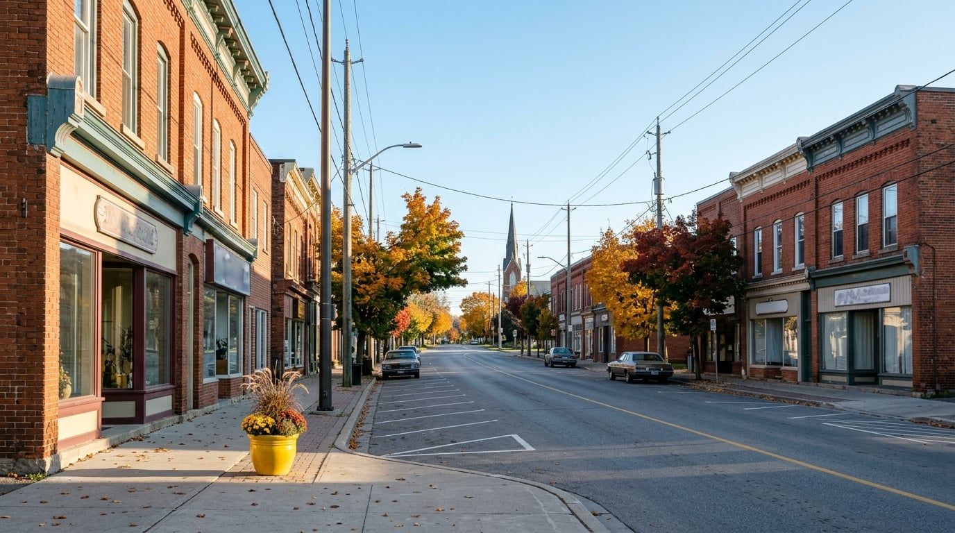 The main street of a small Ottawa Valley town in autumn, with brick storefronts and maples turning colour