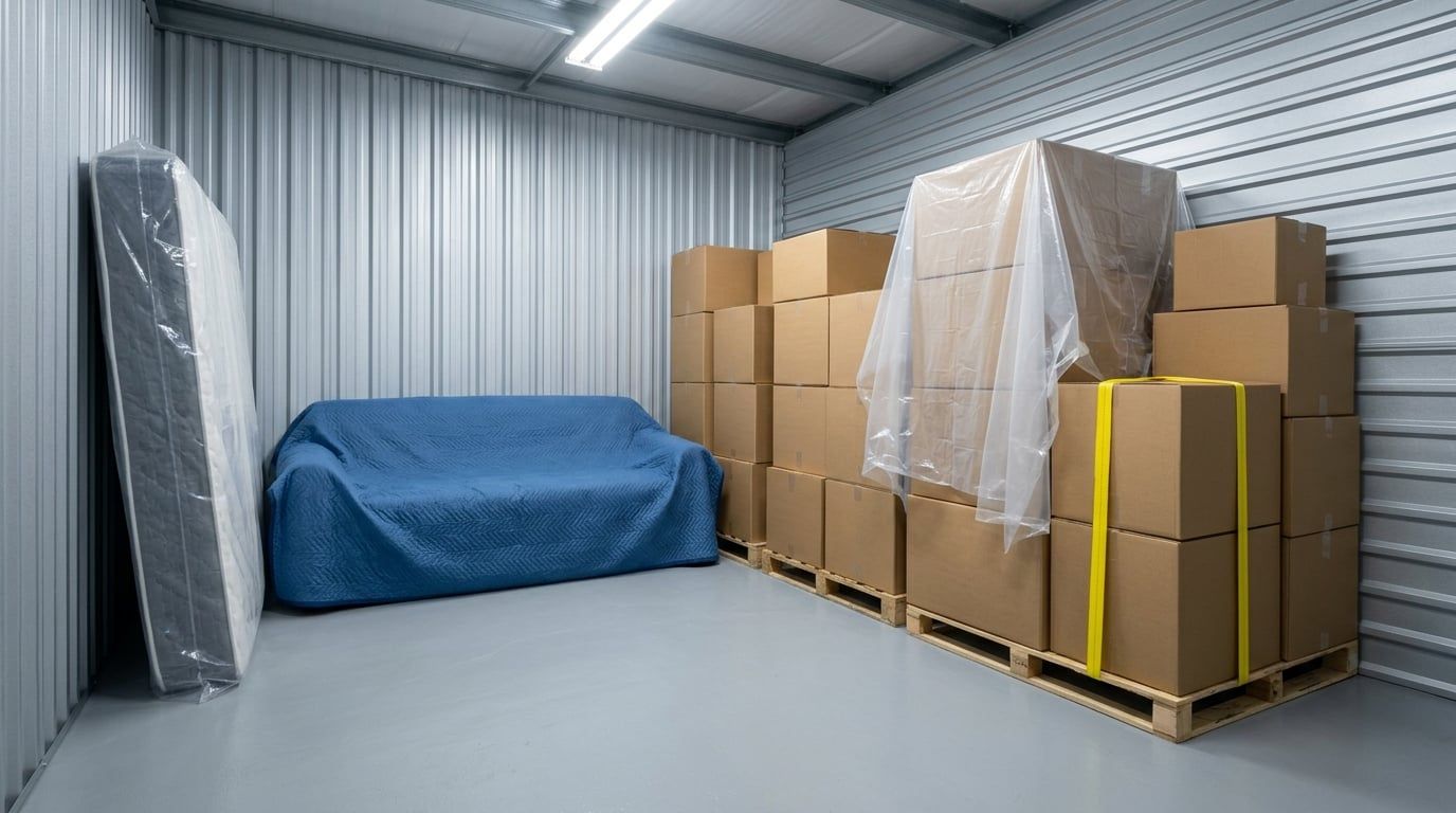 Household boxes stacked on pallets beside a covered sofa and wrapped mattress inside a clean, dry storage unit