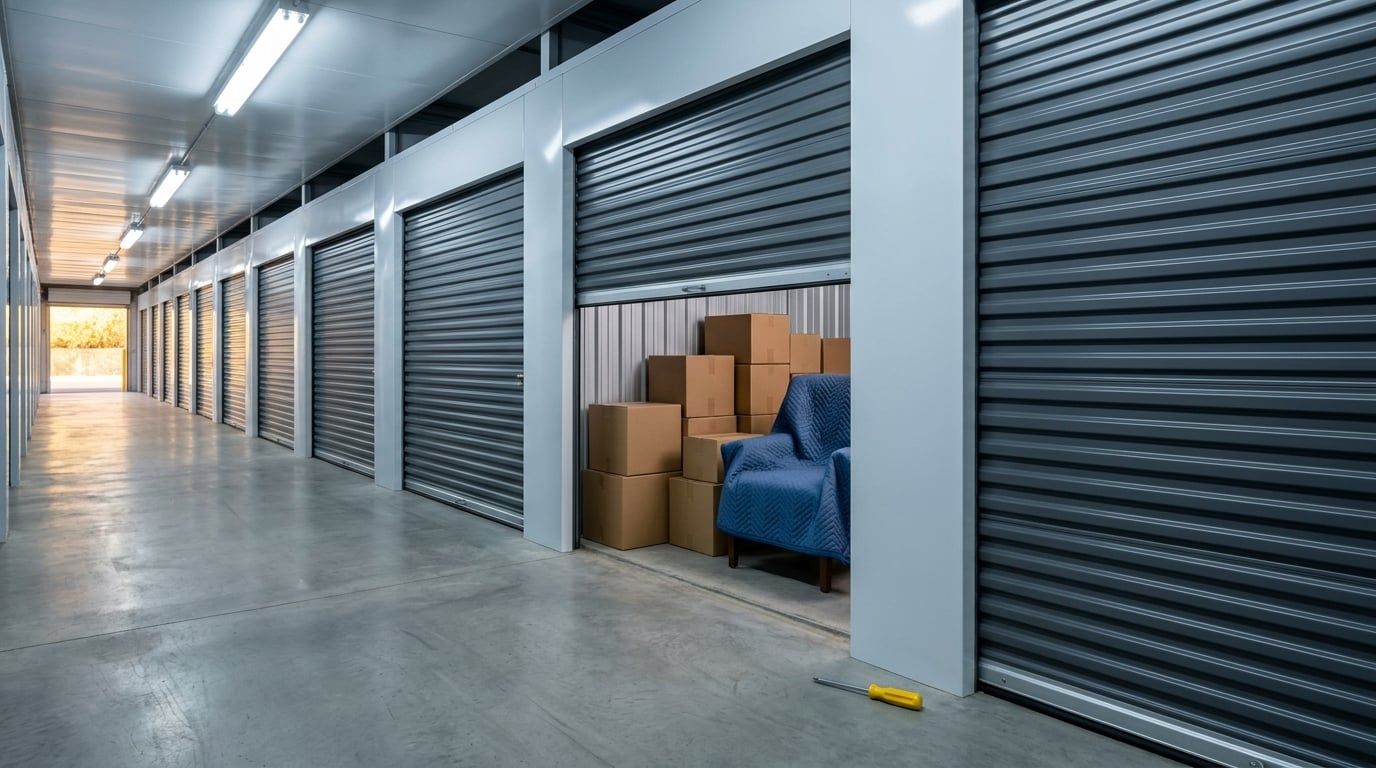 A corridor of clean storage units with one door rolled open on stacked household boxes